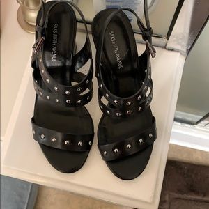 Asks black open toe heels in black and silver.6.5